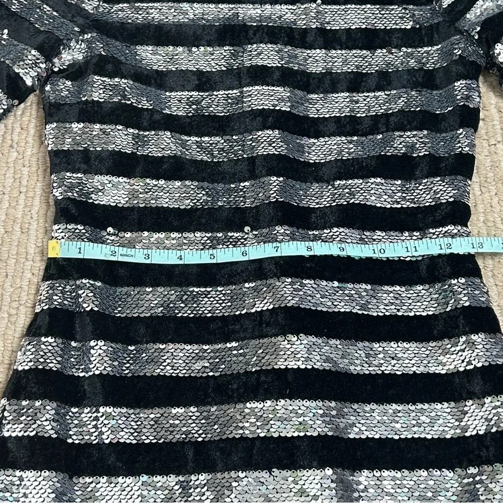 RtA Silver Sequin and Black Velvet Striped Lomg Sleeve Bodycon Mini Dress